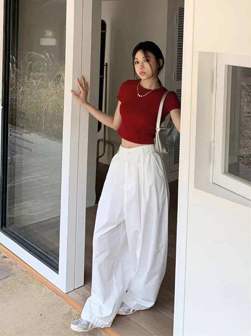 Zoki Y2K White Hip Hop Wide Leg Pants Women Autumn High Waist Korean Oversized Cargo Trousers Loose Chic All Match Streetwear