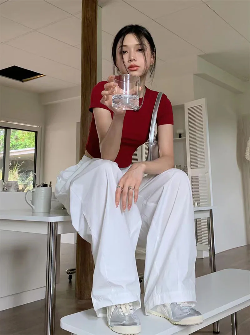 Zoki Y2K White Hip Hop Wide Leg Pants Women Autumn High Waist Korean Oversized Cargo Trousers Loose Chic All Match Streetwear