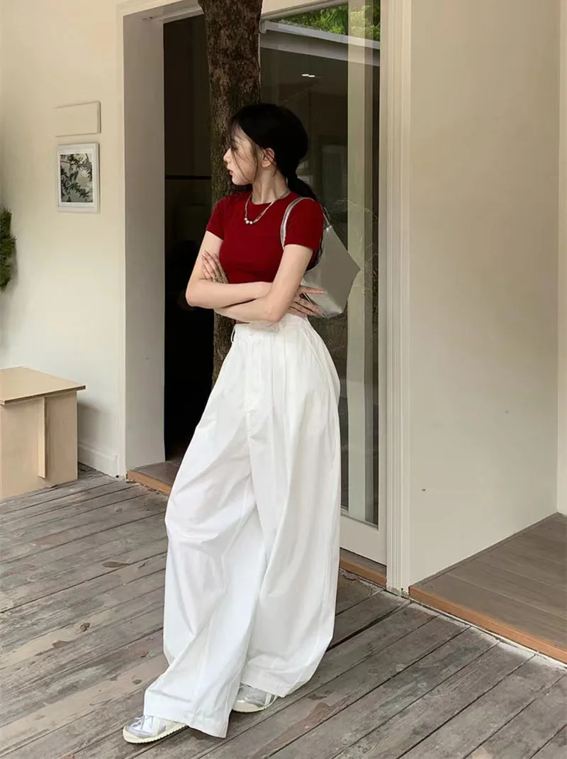 Zoki Y2K White Hip Hop Wide Leg Pants Women Autumn High Waist Korean Oversized Cargo Trousers Loose Chic All Match Streetwear