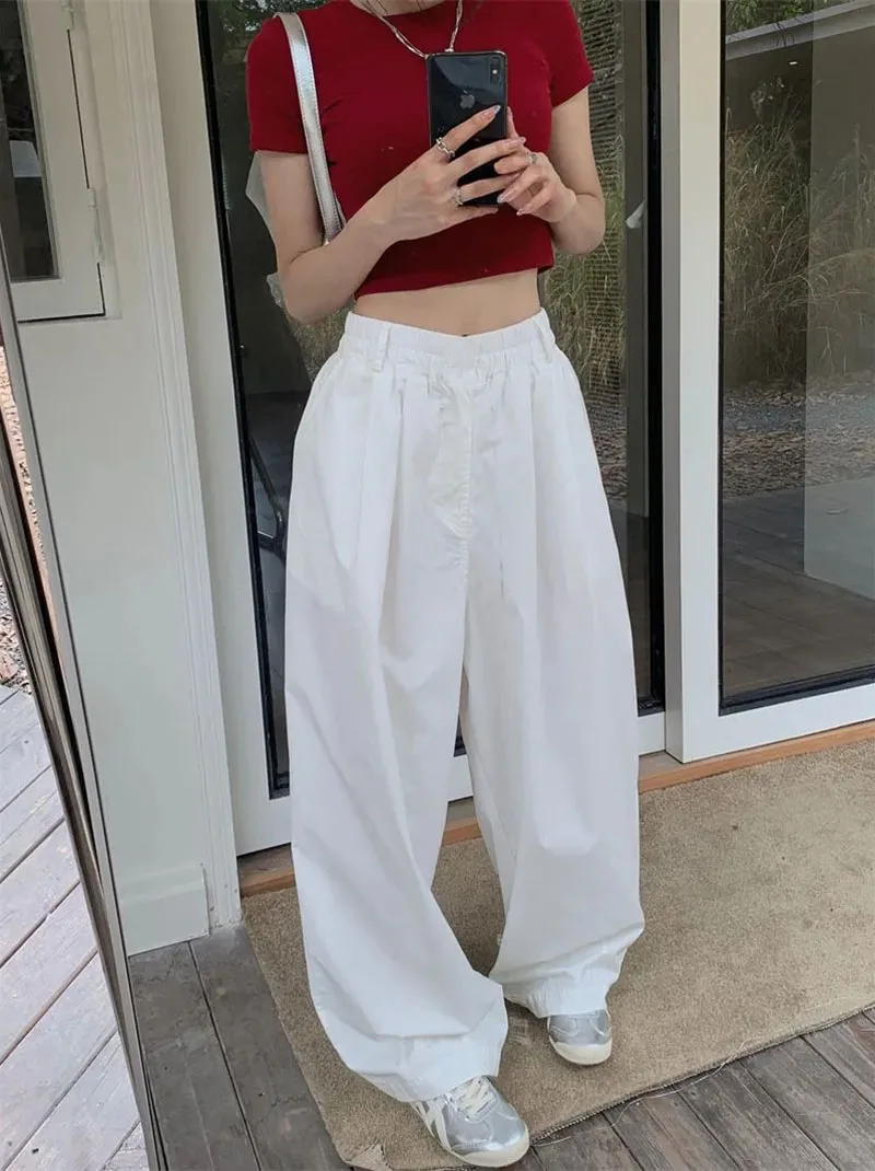 Zoki Y2K White Hip Hop Wide Leg Pants Women Autumn High Waist Korean Oversized Cargo Trousers Loose Chic All Match Streetwear