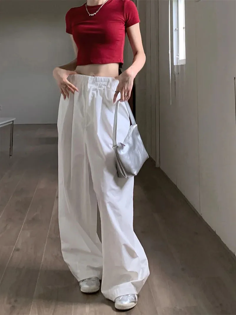 Zoki Y2K White Hip Hop Wide Leg Pants Women Autumn High Waist Korean Oversized Cargo Trousers Loose Chic All Match Streetwear