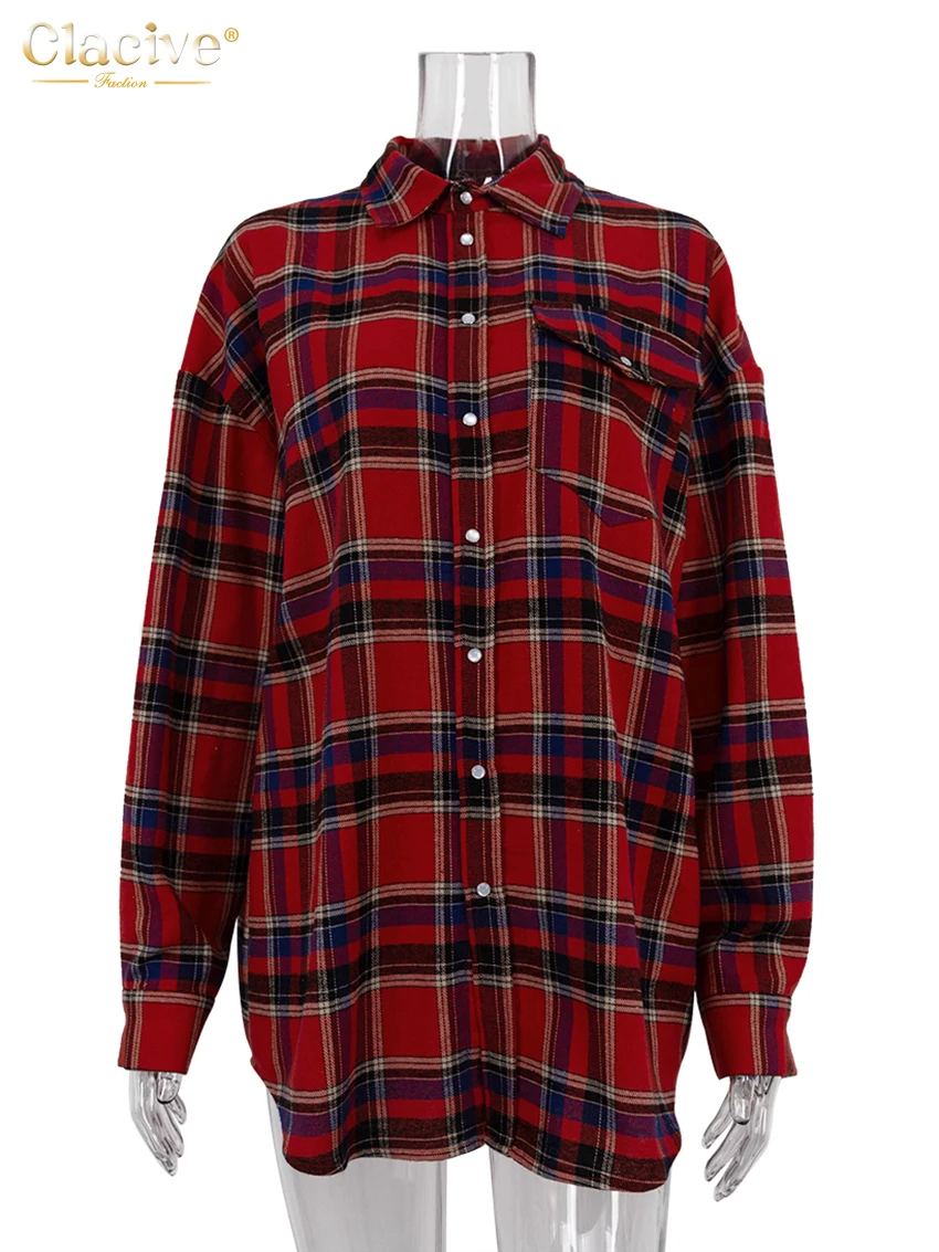 Clacive Fashion Loose Plaid Women'S Shirt Elegant Long Sleeve Office Lady Shirts And Blouses Vintage Oversize Blusa Top Female