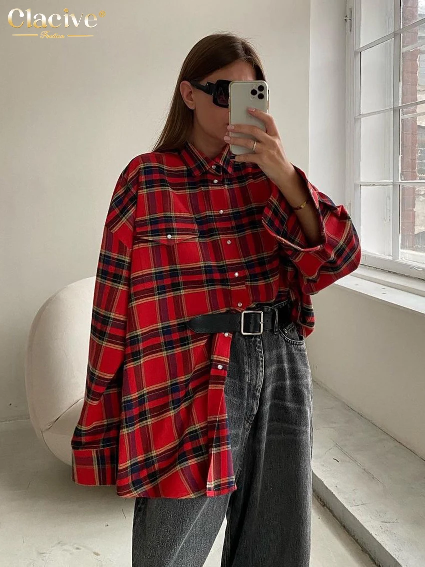 Clacive Fashion Loose Plaid Women'S Shirt Elegant Long Sleeve Office Lady Shirts And Blouses Vintage Oversize Blusa Top Female