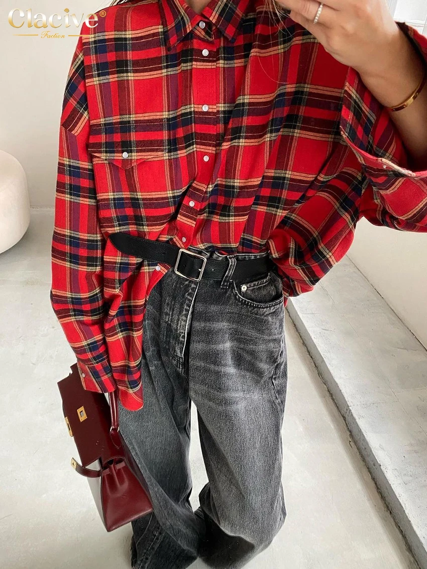 Clacive Fashion Loose Plaid Women'S Shirt Elegant Long Sleeve Office Lady Shirts And Blouses Vintage Oversize Blusa Top Female