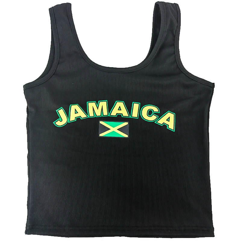 Women Sexy JAMAICA Vest Ribbed Slim Camis Sleeveless O Neck Tank Top Crop Tops 2024 Summer Female Casual Black Camisole T-shirt