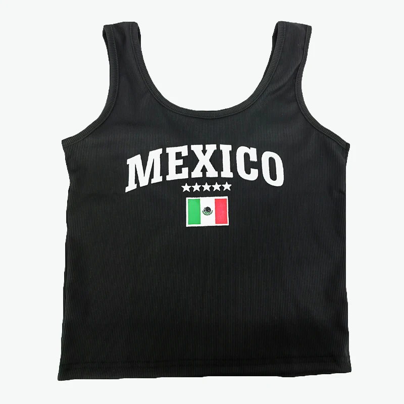 Women Sexy JAMAICA Vest Ribbed Slim Camis Sleeveless O Neck Tank Top Crop Tops 2024 Summer Female Casual Black Camisole T-shirt