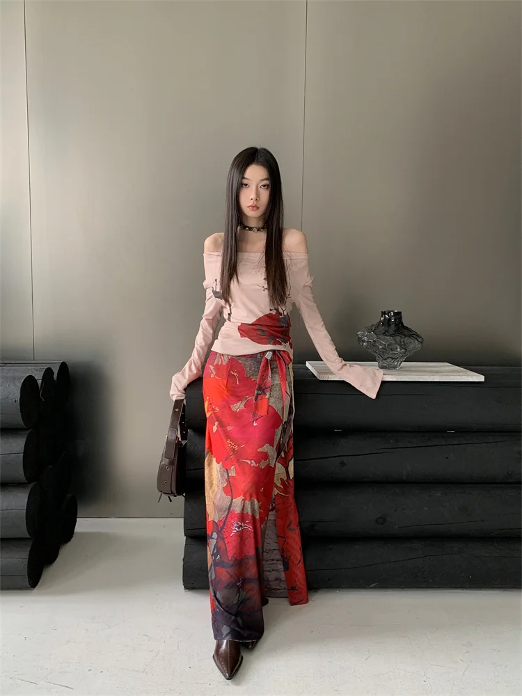 CHEERART Vintage Red Mesh Long Skirts For Woman Lace Up Wrap Maxi Skirt Japanese Fashion Luxury Designer Women Clothing