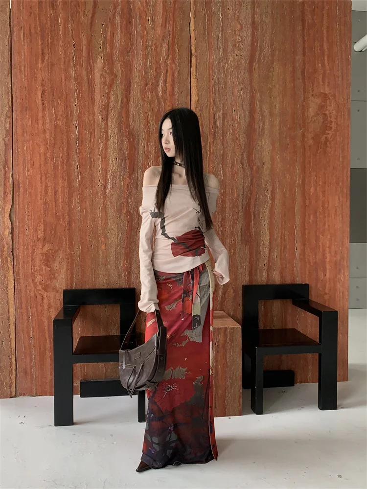 CHEERART Vintage Red Mesh Long Skirts For Woman Lace Up Wrap Maxi Skirt Japanese Fashion Luxury Designer Women Clothing