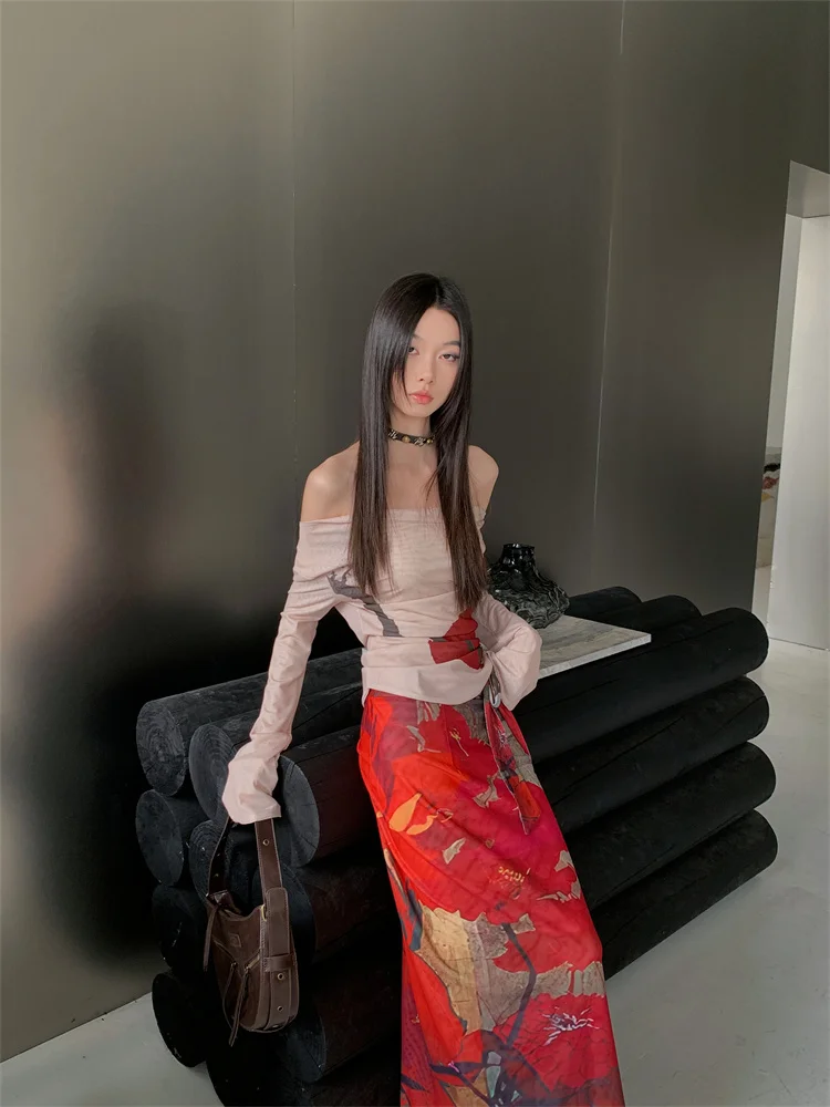 CHEERART Vintage Red Mesh Long Skirts For Woman Lace Up Wrap Maxi Skirt Japanese Fashion Luxury Designer Women Clothing