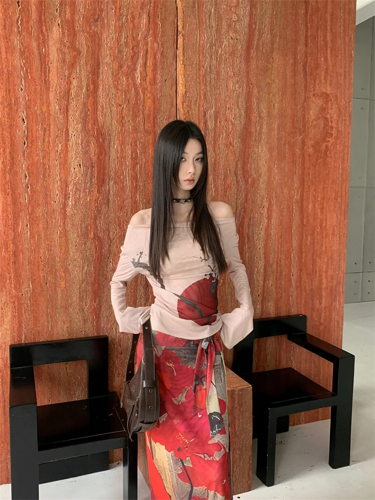 CHEERART Vintage Red Mesh Long Skirts For Woman Lace Up Wrap Maxi Skirt Japanese Fashion Luxury Designer Women Clothing