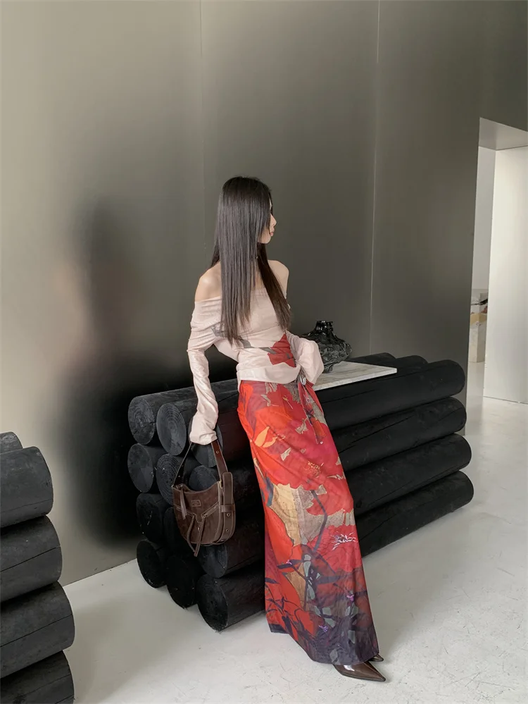 CHEERART Vintage Red Mesh Long Skirts For Woman Lace Up Wrap Maxi Skirt Japanese Fashion Luxury Designer Women Clothing