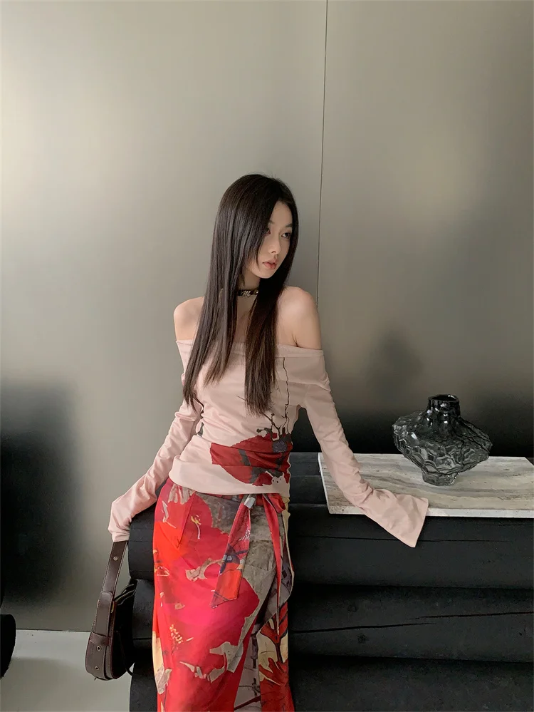CHEERART Vintage Red Mesh Long Skirts For Woman Lace Up Wrap Maxi Skirt Japanese Fashion Luxury Designer Women Clothing