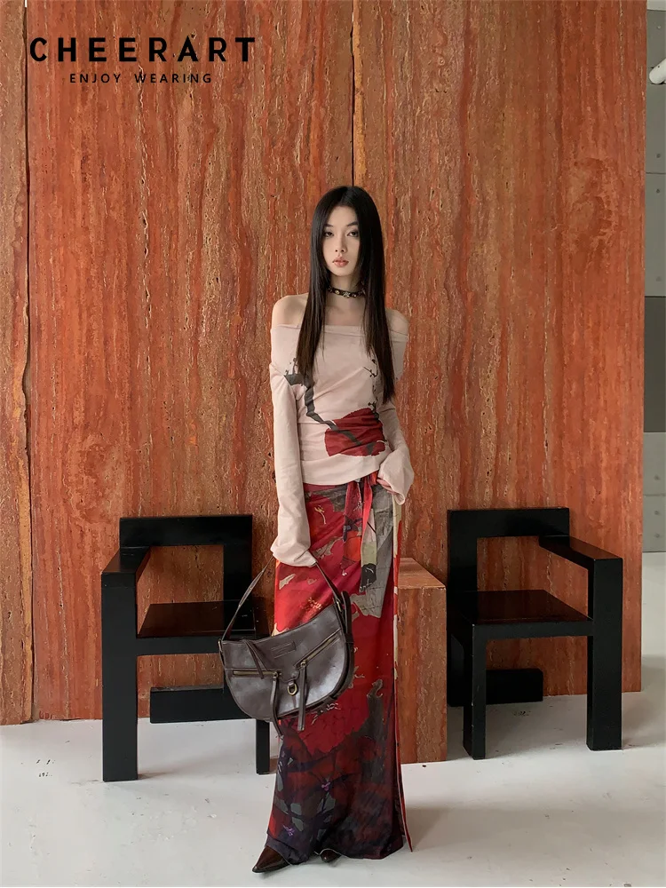 CHEERART Vintage Red Mesh Long Skirts For Woman Lace Up Wrap Maxi Skirt Japanese Fashion Luxury Designer Women Clothing