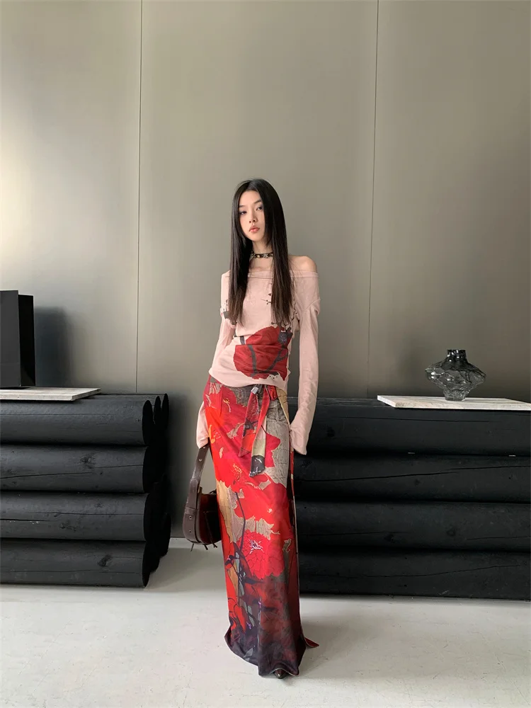 CHEERART Vintage Red Mesh Long Skirts For Woman Lace Up Wrap Maxi Skirt Japanese Fashion Luxury Designer Women Clothing