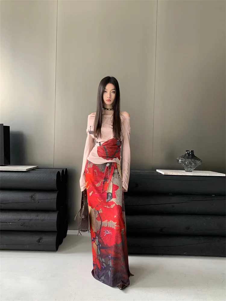 CHEERART Vintage Red Mesh Long Skirts For Woman Lace Up Wrap Maxi Skirt Japanese Fashion Luxury Designer Women Clothing