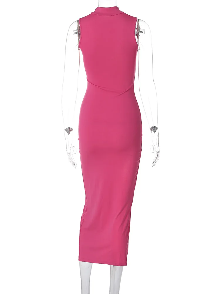 New Women's Black Sleeveless High Neck Slit Skirt Sexy Dress For Women Club Party Dresses Skinny Fashion Summer Tank Dresses