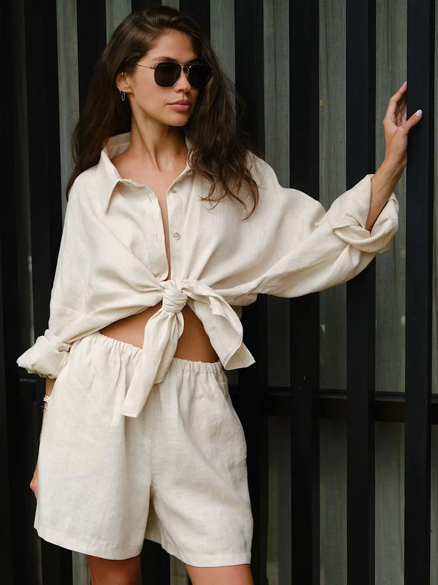 Bornladies Shorts Sets 100% Cotton Cozy Lapel Lantern Sleeve Shirt Summer Outfit Elastic Waist Shorts Ensemble Femme 2 Pièces