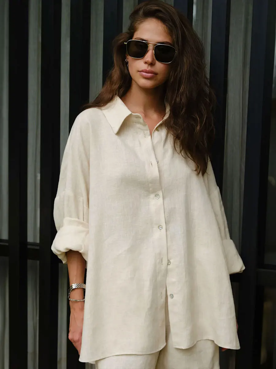 Bornladies Shorts Sets 100% Cotton Cozy Lapel Lantern Sleeve Shirt Summer Outfit Elastic Waist Shorts Ensemble Femme 2 Pièces