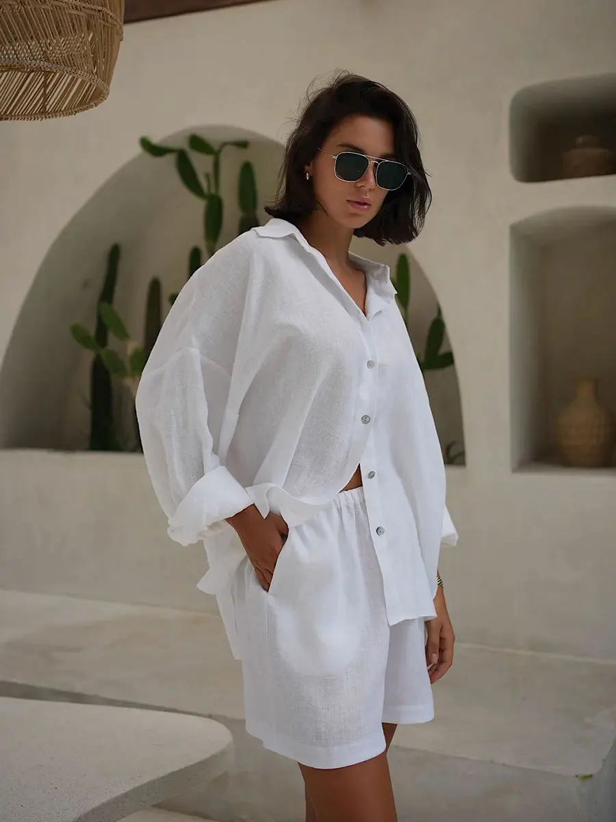 Bornladies Shorts Sets 100% Cotton Cozy Lapel Lantern Sleeve Shirt Summer Outfit Elastic Waist Shorts Ensemble Femme 2 Pièces
