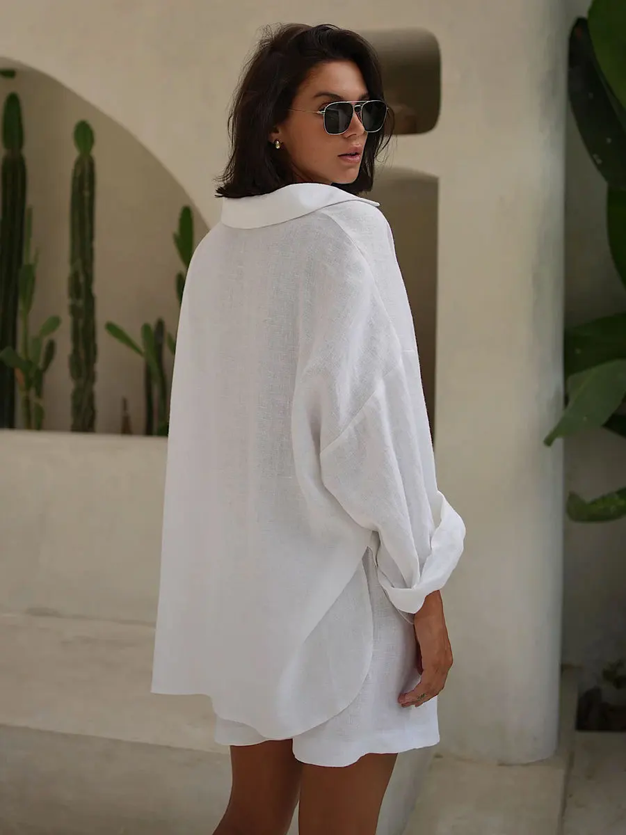 Bornladies Shorts Sets 100% Cotton Cozy Lapel Lantern Sleeve Shirt Summer Outfit Elastic Waist Shorts Ensemble Femme 2 Pièces