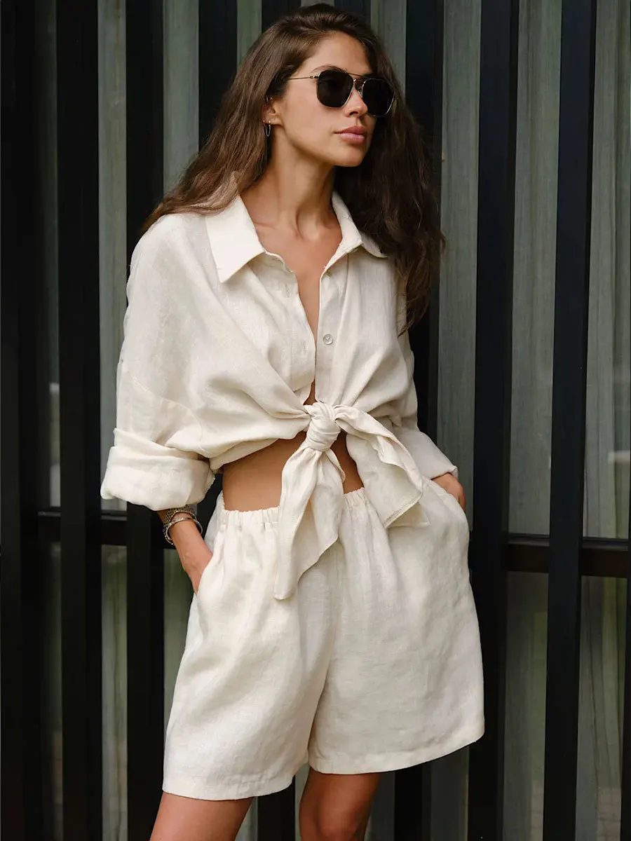 Bornladies Shorts Sets 100% Cotton Cozy Lapel Lantern Sleeve Shirt Summer Outfit Elastic Waist Shorts Ensemble Femme 2 Pièces