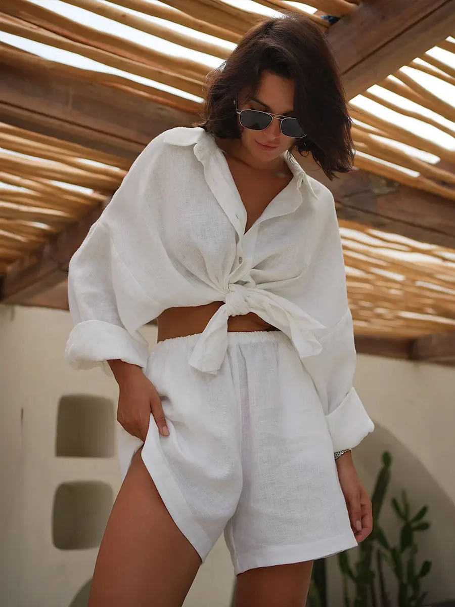 Bornladies Shorts Sets 100% Cotton Cozy Lapel Lantern Sleeve Shirt Summer Outfit Elastic Waist Shorts Ensemble Femme 2 Pièces