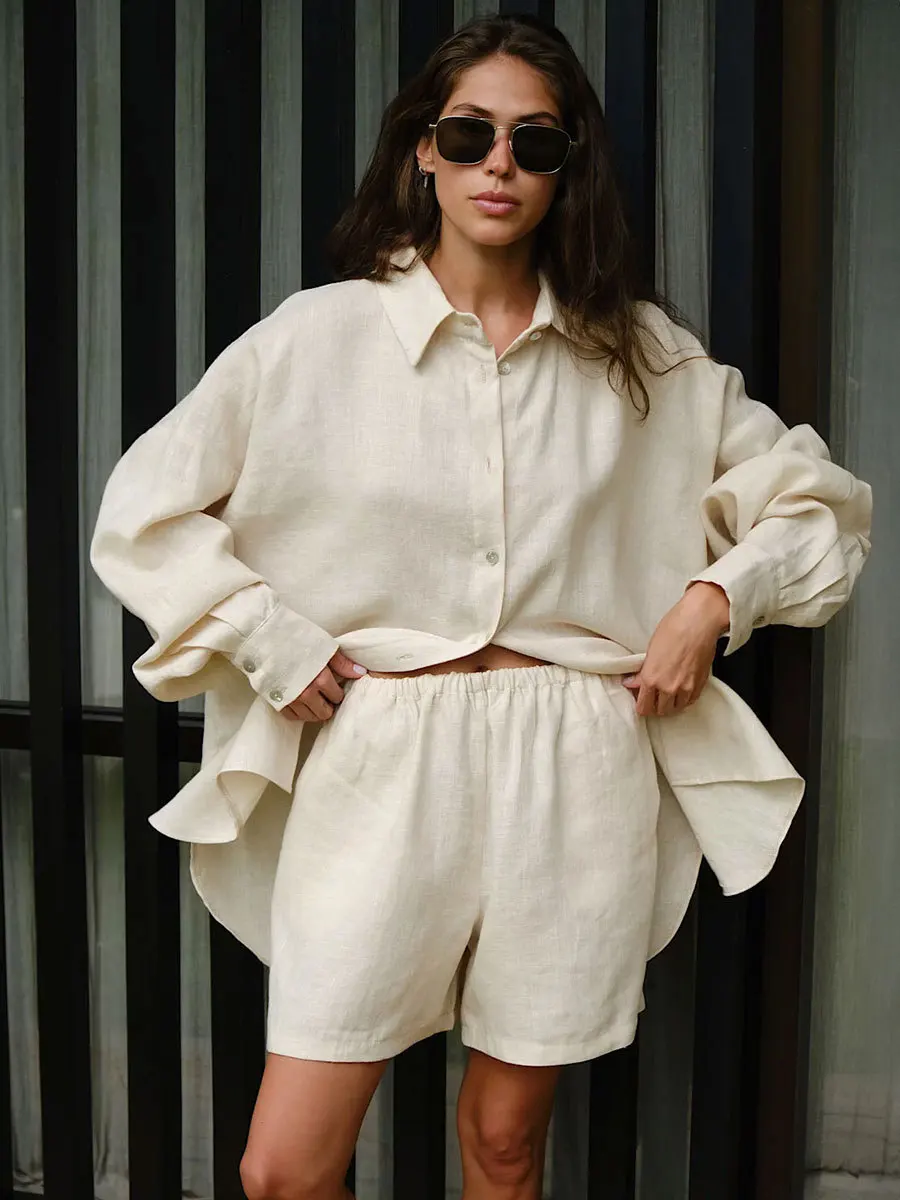 Bornladies Shorts Sets 100% Cotton Cozy Lapel Lantern Sleeve Shirt Summer Outfit Elastic Waist Shorts Ensemble Femme 2 Pièces