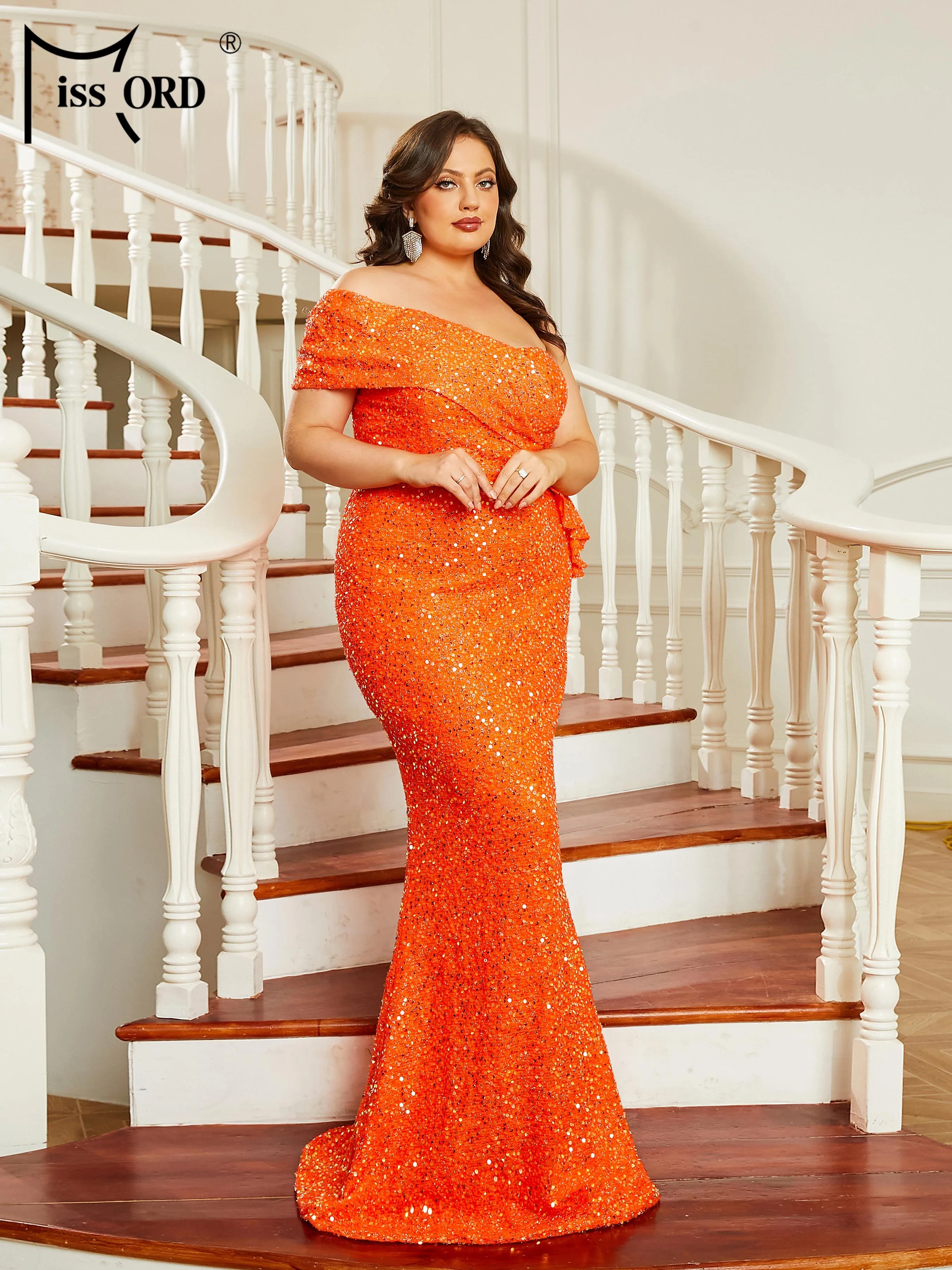 Missord New One Shoulder Plus Size Orange Sequin Mermaid Formal Occasion Evening Prom Party Dresses