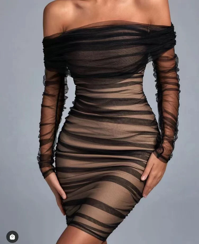 2024 Summer Women's New Black Off Shoulder long sleeve Neck Sexy Lace Patchwork Bandage Tight Dress Birthday Party Dress