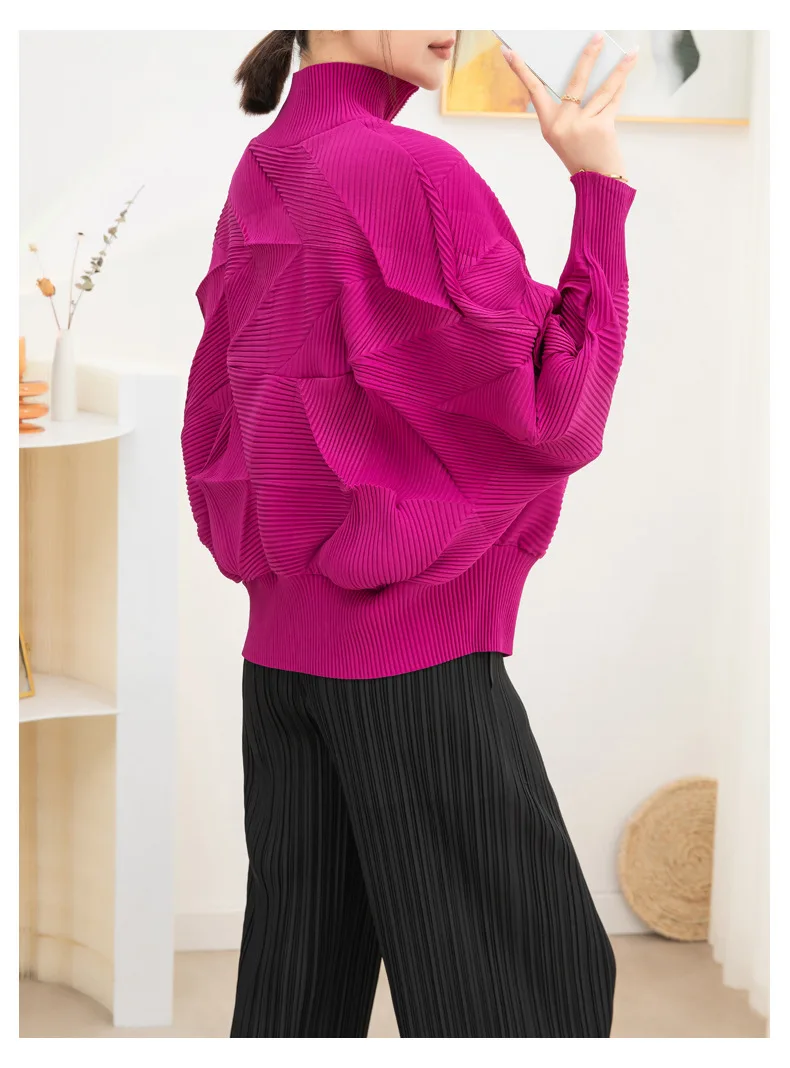 Miyake Pleated Coat High-end Fashion Temperament Women's 2024 New Handmade Flower Bud Bat Sleeve Zipper Cardigan Top