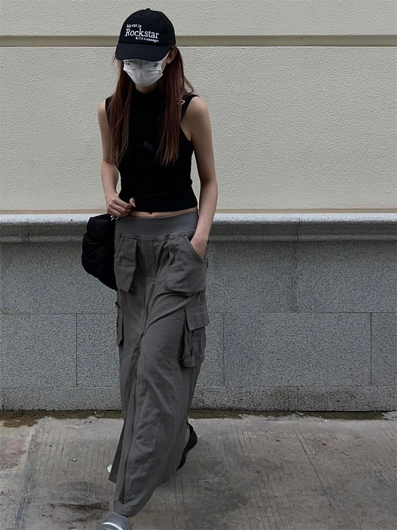 MEXZT Streetwear Cargo Skirts Women Y2K Vintage Pockets A Line Skirt Harajuku Korean High Waist Slit Zipper Casual Chic Skirts