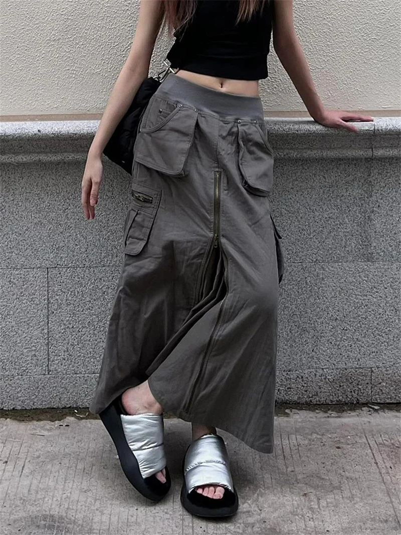 MEXZT Streetwear Cargo Skirts Women Y2K Vintage Pockets A Line Skirt Harajuku Korean High Waist Slit Zipper Casual Chic Skirts