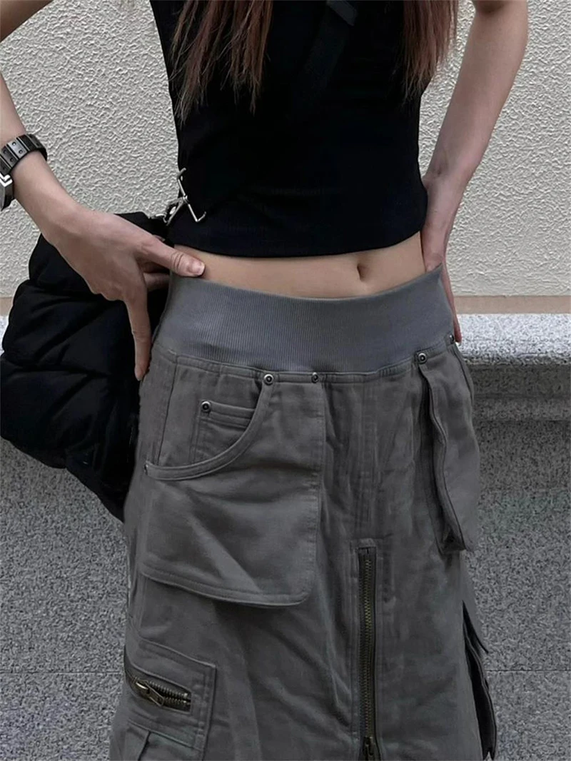 MEXZT Streetwear Cargo Skirts Women Y2K Vintage Pockets A Line Skirt Harajuku Korean High Waist Slit Zipper Casual Chic Skirts