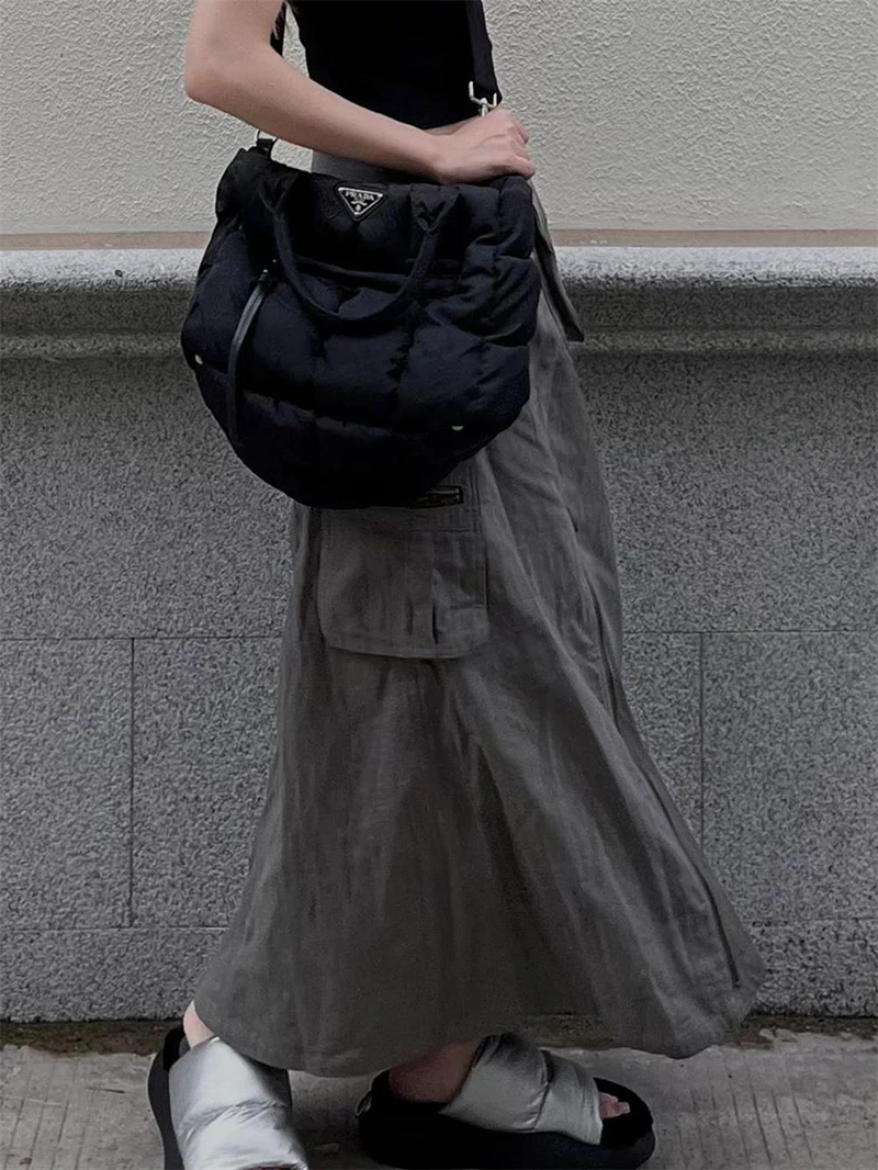 MEXZT Streetwear Cargo Skirts Women Y2K Vintage Pockets A Line Skirt Harajuku Korean High Waist Slit Zipper Casual Chic Skirts