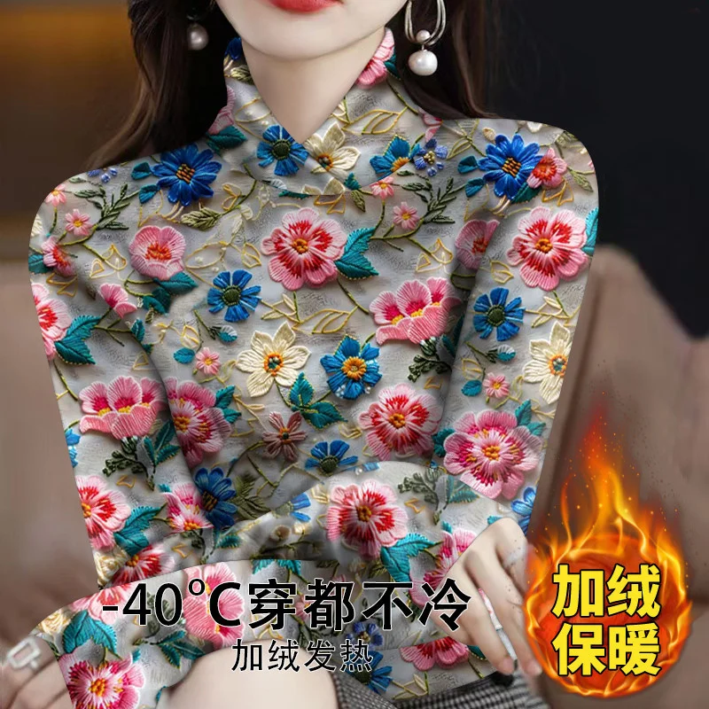 Half High Collar Bottoming Shirt For Women Autumn Winter Plush Warm Pullover Middle-aged Mother Add Velvet Print Tops T-Shirt