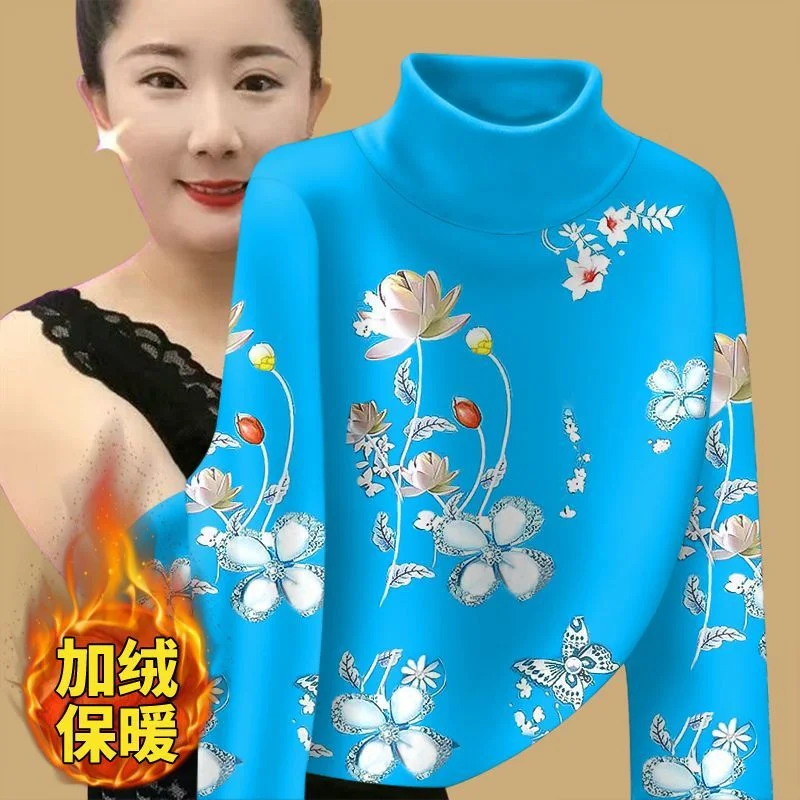 Half High Collar Bottoming Shirt For Women Autumn Winter Plush Warm Pullover Middle-aged Mother Add Velvet Print Tops T-Shirt