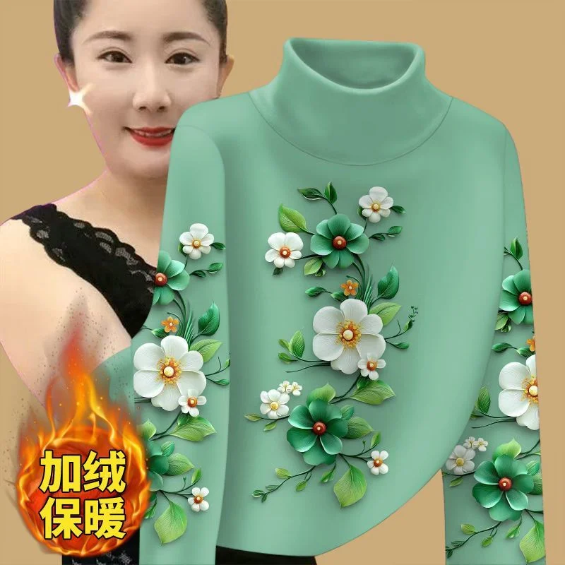 Half High Collar Bottoming Shirt For Women Autumn Winter Plush Warm Pullover Middle-aged Mother Add Velvet Print Tops T-Shirt