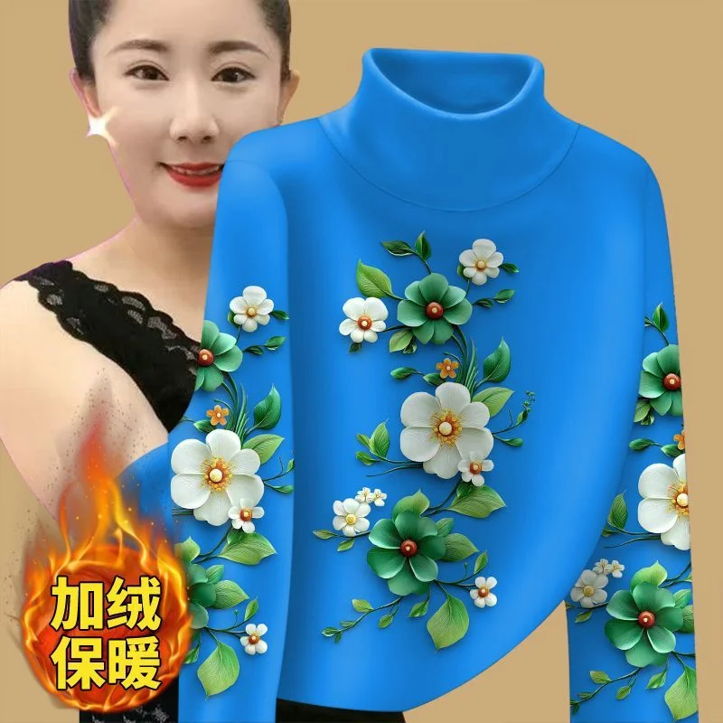 Half High Collar Bottoming Shirt For Women Autumn Winter Plush Warm Pullover Middle-aged Mother Add Velvet Print Tops T-Shirt