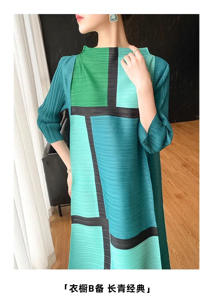 Miyake Pleated Geometric Print Dress for Women's 2024 Autumn New Original Designer Long Sleeve Pleated Loose Plus Size Dress