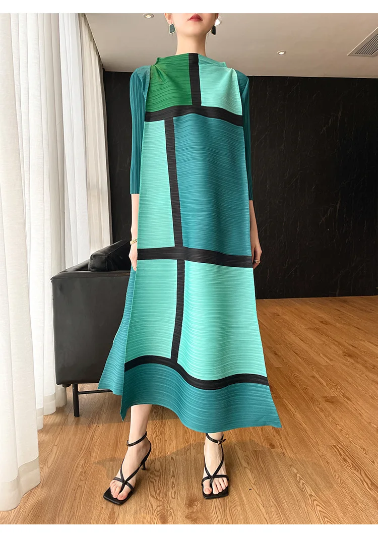 Miyake Pleated Geometric Print Dress for Women's 2024 Autumn New Original Designer Long Sleeve Pleated Loose Plus Size Dress