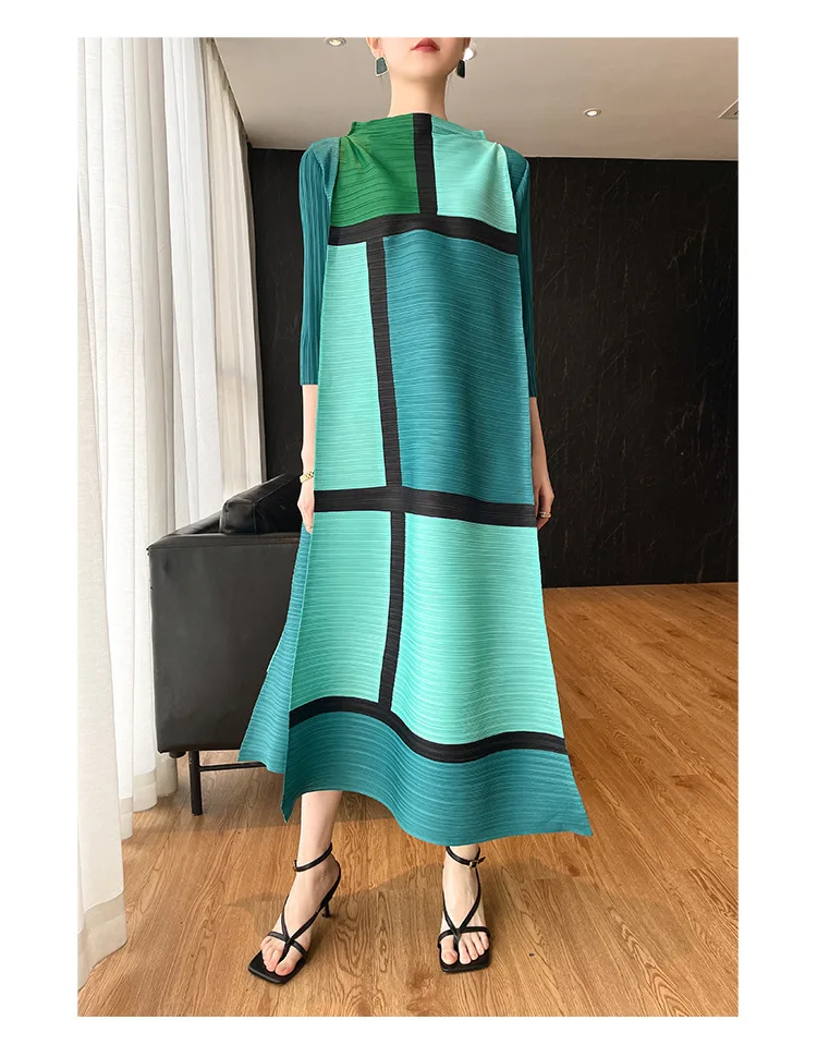 Miyake Pleated Geometric Print Dress for Women's 2024 Autumn New Original Designer Long Sleeve Pleated Loose Plus Size Dress