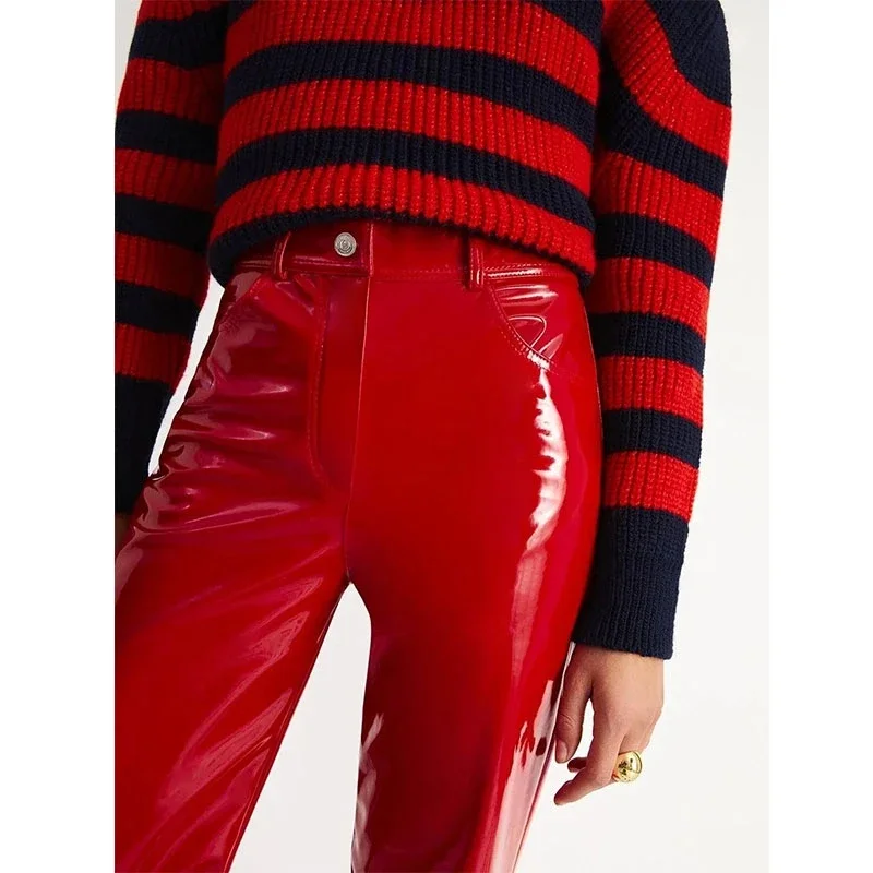 Shiny Red Patent Leather Straight Pants Women High Waist PVC Slim Trousers Ladies Chic Yellow PU Pants Pocket Custom Clubwear