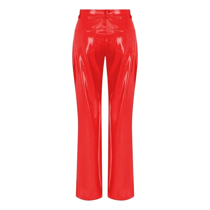 Shiny Red Patent Leather Straight Pants Women High Waist PVC Slim Trousers Ladies Chic Yellow PU Pants Pocket Custom Clubwear