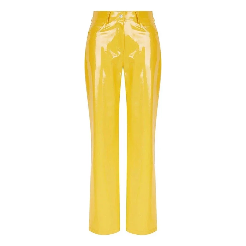 Shiny Red Patent Leather Straight Pants Women High Waist PVC Slim Trousers Ladies Chic Yellow PU Pants Pocket Custom Clubwear