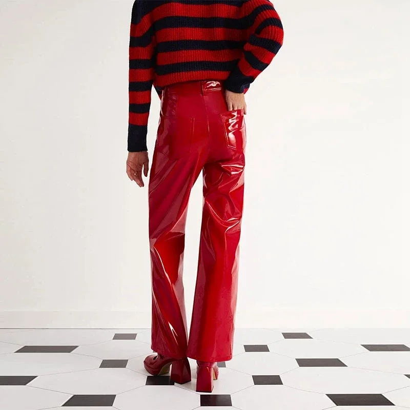 Shiny Red Patent Leather Straight Pants Women High Waist PVC Slim Trousers Ladies Chic Yellow PU Pants Pocket Custom Clubwear
