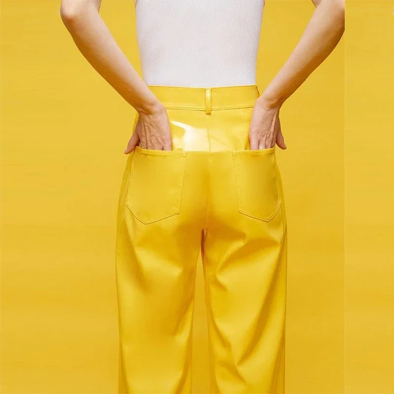Shiny Red Patent Leather Straight Pants Women High Waist PVC Slim Trousers Ladies Chic Yellow PU Pants Pocket Custom Clubwear