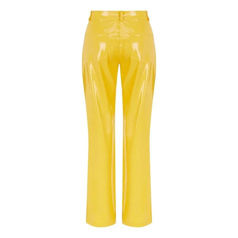 Shiny Red Patent Leather Straight Pants Women High Waist PVC Slim Trousers Ladies Chic Yellow PU Pants Pocket Custom Clubwear
