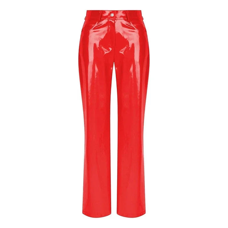 Shiny Red Patent Leather Straight Pants Women High Waist PVC Slim Trousers Ladies Chic Yellow PU Pants Pocket Custom Clubwear