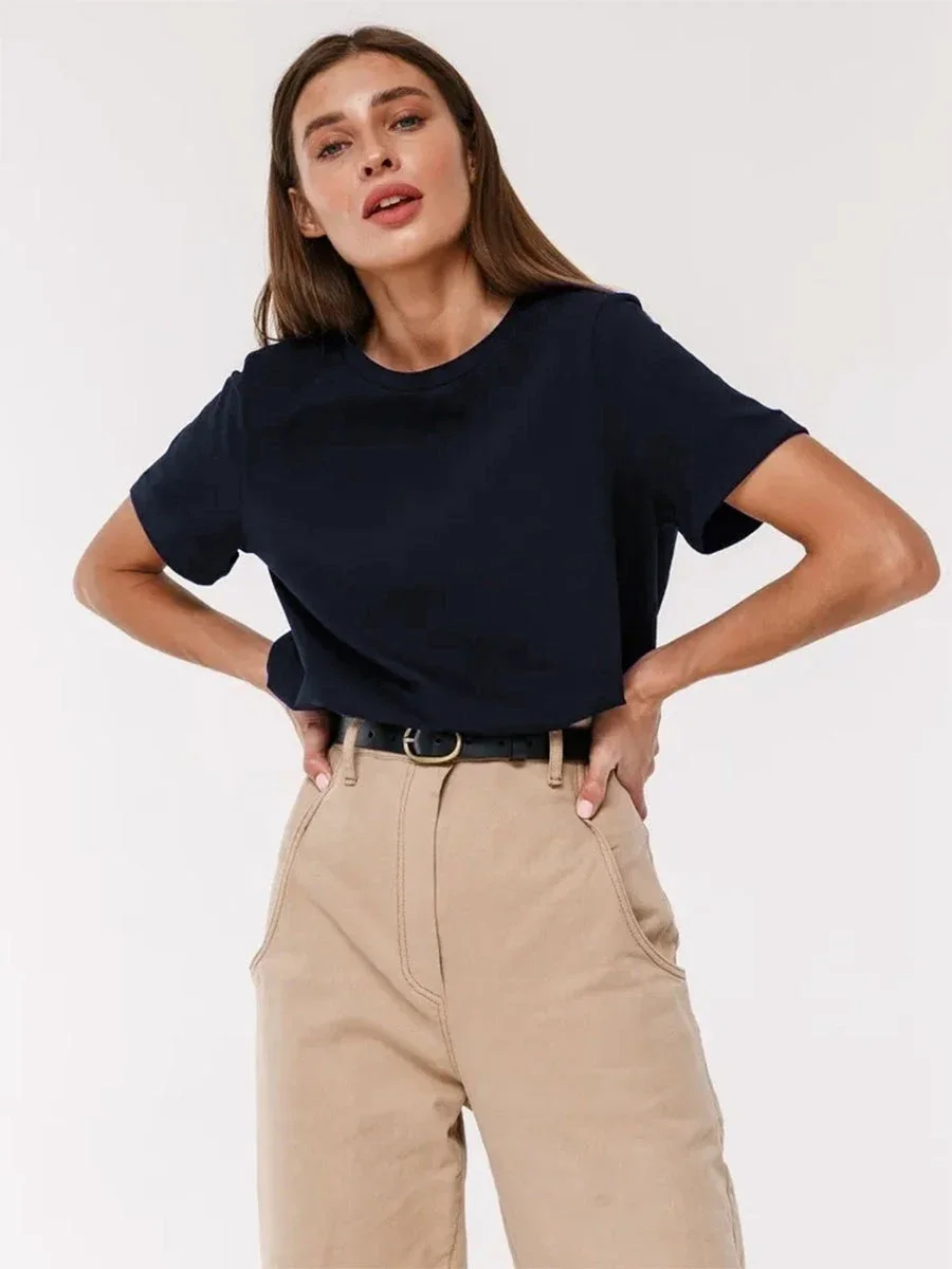 Wolfeel Summer 100% Cotton Women's T-shirt Bottoming Basic Fashionable Solid Lady Short Sleeve Loose Tops Shirts 230g/㎡ Tops