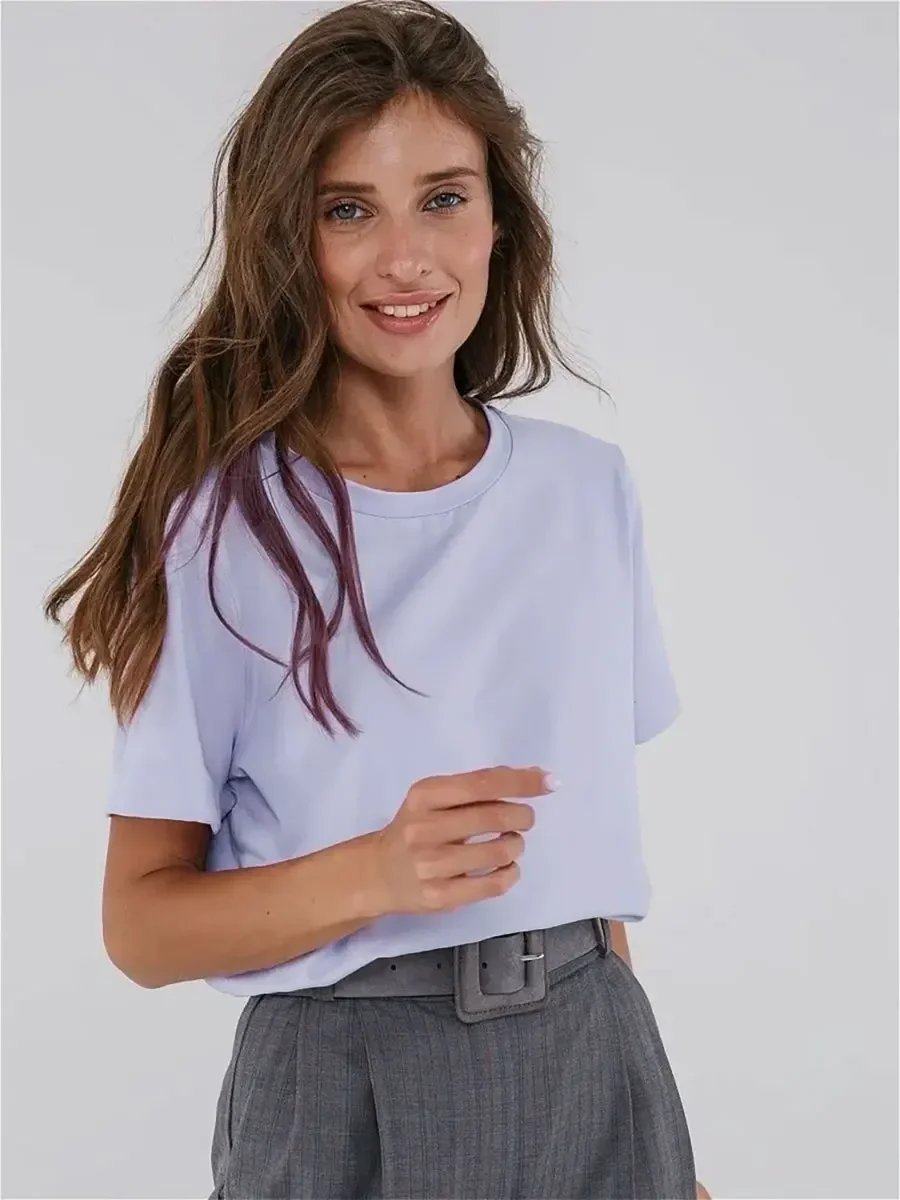 Wolfeel Summer 100% Cotton Women's T-shirt Bottoming Basic Fashionable Solid Lady Short Sleeve Loose Tops Shirts 230g/㎡ Tops
